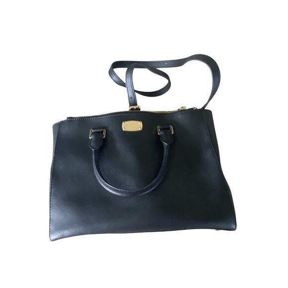 Michael Kors Black Leather Handbag Crossbody Gold Tone Hardware 8 Pockets - Picture 2 of 16